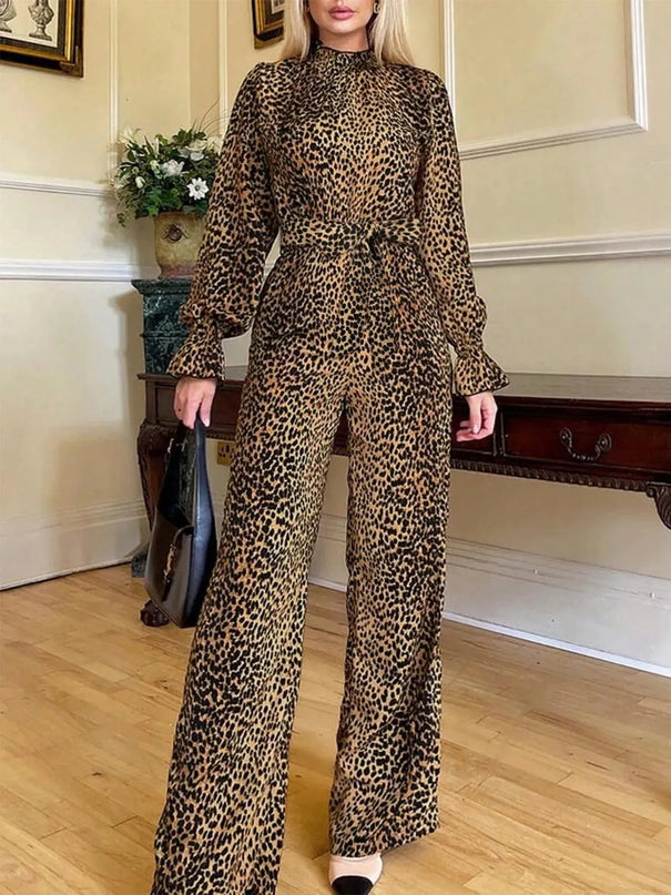 Leopard Flounce Sleeve Wide Leg Jumpsuit - ShopEasier