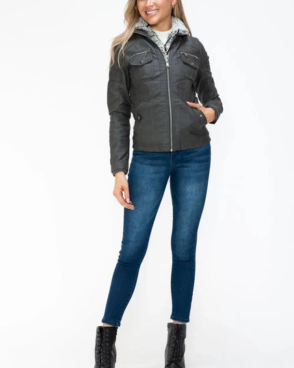 YMI Removable Faux Layered Multi-Pocket Jacket with Fuzzy Hood - ShopEasier