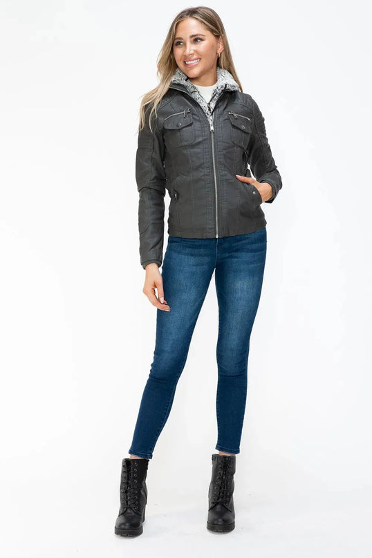 YMI Removable Faux Layered Multi-Pocket Jacket with Fuzzy Hood - ShopEasier