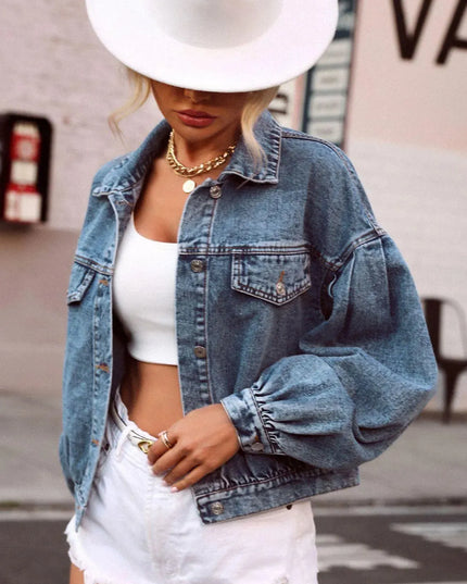 Collared Neck Dropped Shoulder Denim Top - ShopEasier