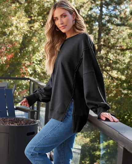 Slit Round Neck Long Sleeve Sweatshirt - ShopEasier