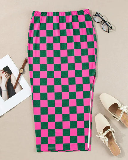 Split Checkered Midi Skirt - ShopEasier