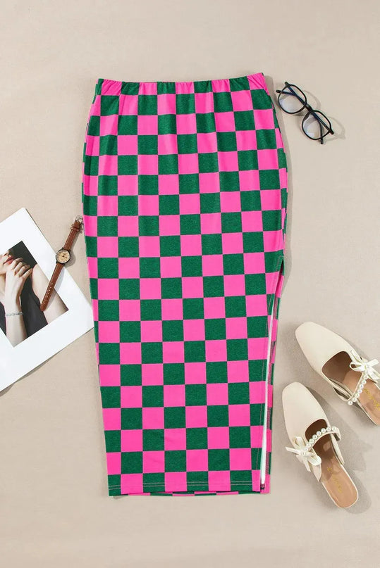 Split Checkered Midi Skirt - ShopEasier