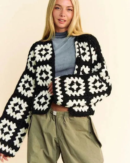 Davi & Dani Full Size Two Tone Flower Square Crochet Open Front Cardigan - ShopEasier