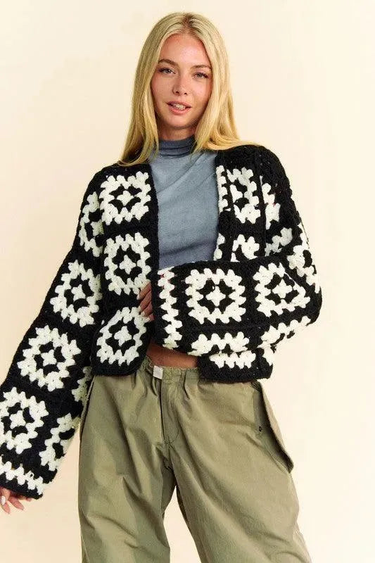 Davi & Dani Full Size Two Tone Flower Square Crochet Open Front Cardigan - ShopEasier