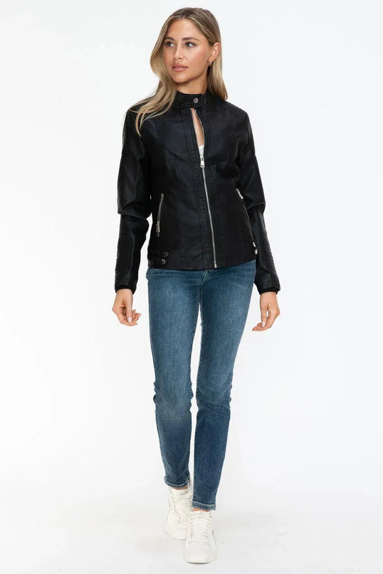 Snobbish Faux Leather Biker Jacket with Side Zip Pockets - ShopEasier