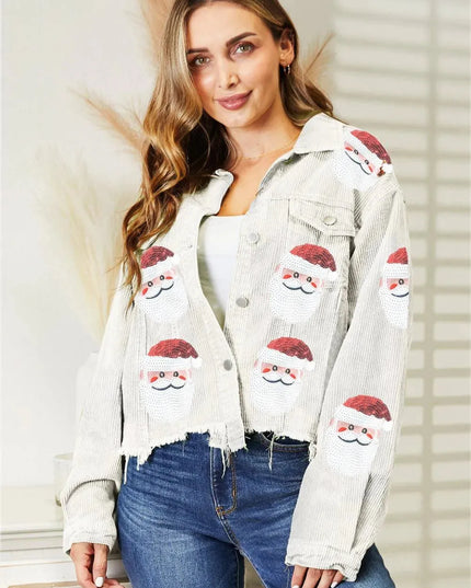 Chaqueta de Papá Noel con dobladillo sin rematar y adornos de lentejuelas