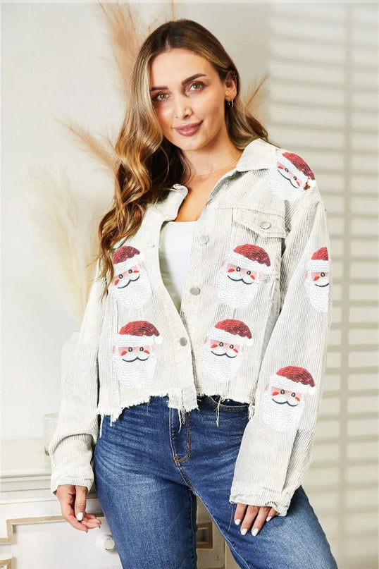 Chaqueta de Papá Noel con dobladillo sin rematar y adornos de lentejuelas