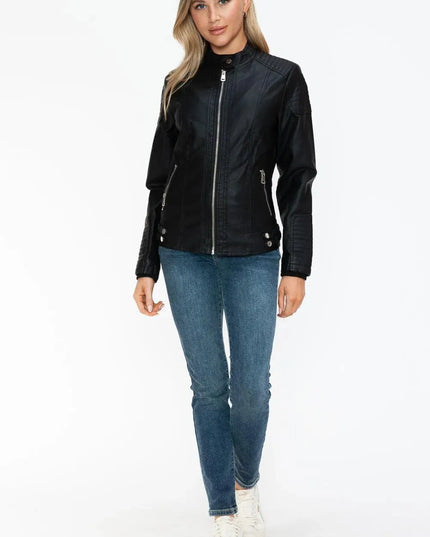 Snobbish Faux Leather Biker Jacket with Side Zip Pockets - ShopEasier