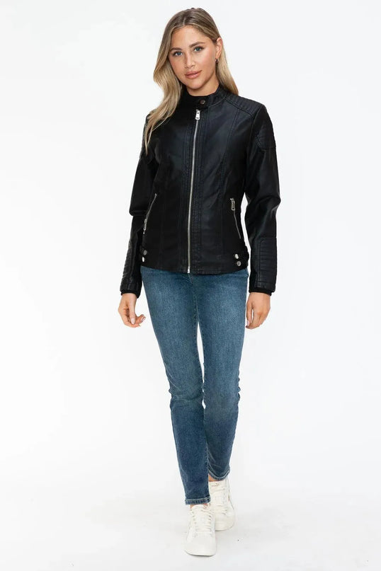 Snobbish Faux Leather Biker Jacket with Side Zip Pockets - ShopEasier