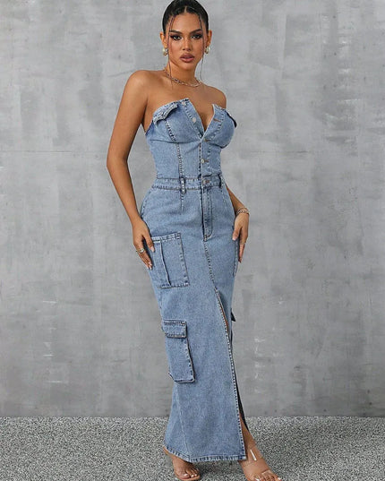 Slit Half Button Tube Denim Dress - ShopEasier