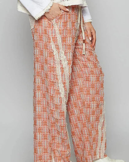 POL Lace Trim Drawstring Checkered Wide Leg Pants