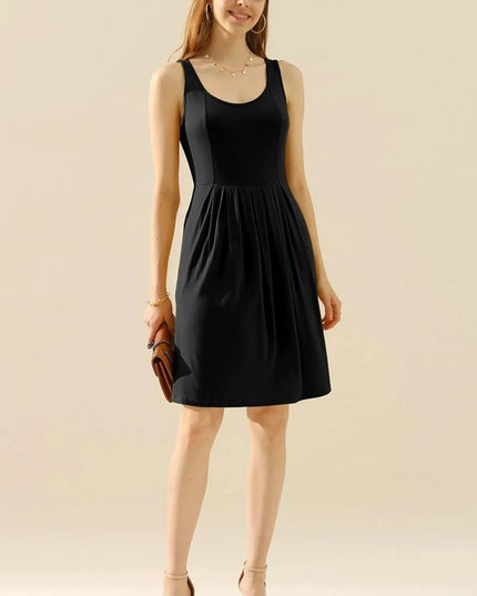 Doublju Full Size Round Neck Ruched Sleeveless Dress with Pockets - ShopEasier