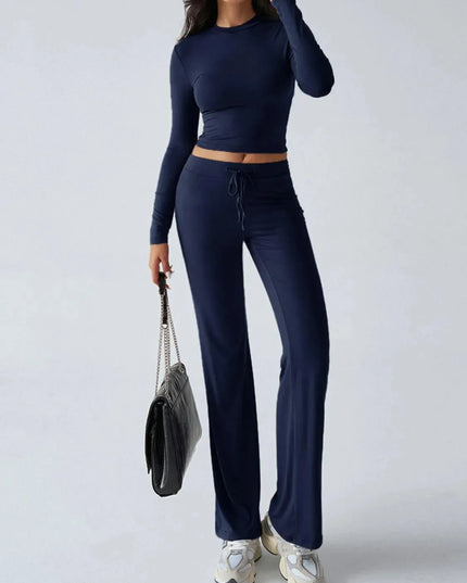 Elegant Long Sleeve Top with Drawstring Trousers Set