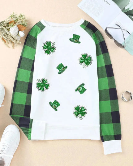 Sequin Lucky Clover Basic Round Neck Sweatshirt