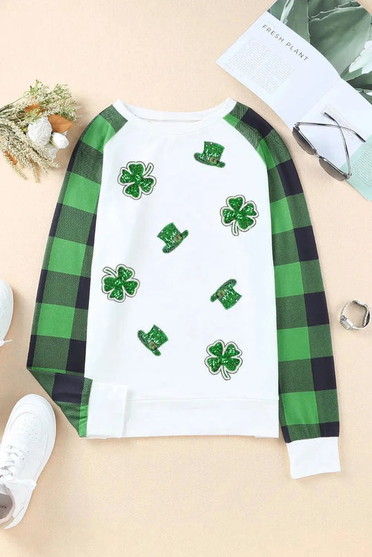 Sequin Lucky Clover Basic Round Neck Sweatshirt