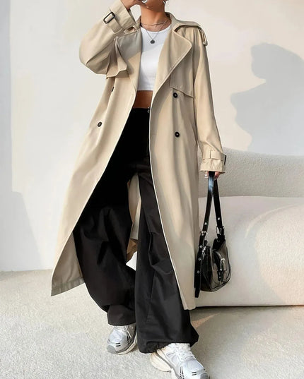 Button-Up Longline Trench Coat with Collared Neck and Long Sleeves