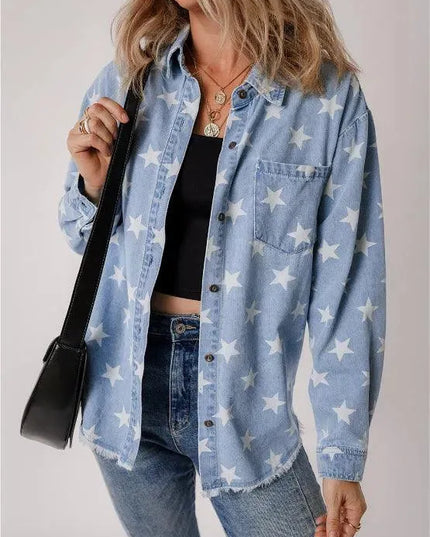 Raw Hem Star Collared Neck Denim Top - ShopEasier