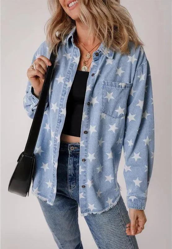 Raw Hem Star Collared Neck Denim Top - ShopEasier