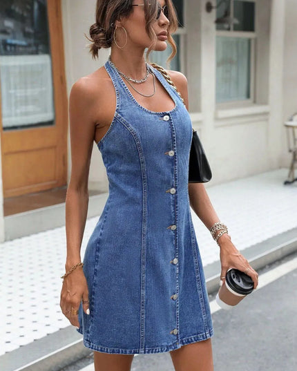 Halter Neck Button Down Denim Dress - ShopEasier