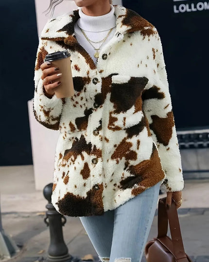 Cow Print Collared Neck Button Up Fuzzy Jacket - ShopEasier