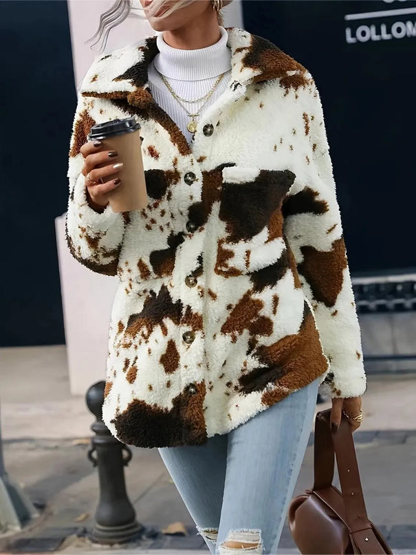 Cow Print Collared Neck Button Up Fuzzy Jacket - ShopEasier