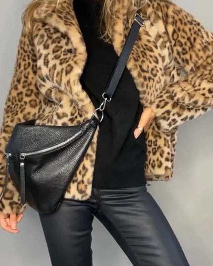 Full Size Leopard Furry Collared Neck Long Sleeve Coat - ShopEasier