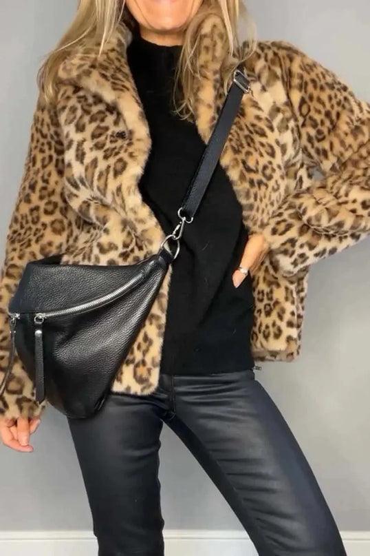 Full Size Leopard Furry Collared Neck Long Sleeve Coat - ShopEasier