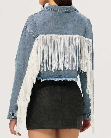 Distressed Fringe Collared Neck Cropped Denim Top