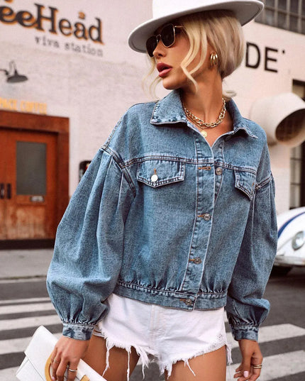 Collared Neck Dropped Shoulder Denim Top - ShopEasier