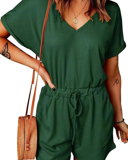 Full Size Drawstring V-Neck Short Sleeve Romper - ShopEasier