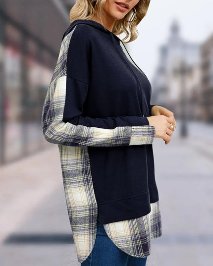 Plaid Drawstring Long Sleeve Slit Hoodie - ShopEasier