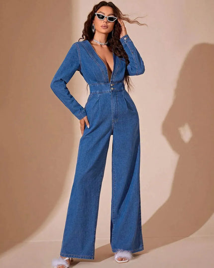 Plunge Long Sleeve Wide Leg Denim Jumpsuit - ShopEasier