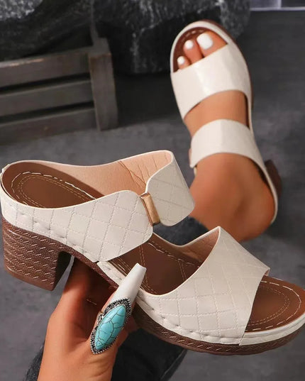 Stylish PU Leather Mid Heel Sandals