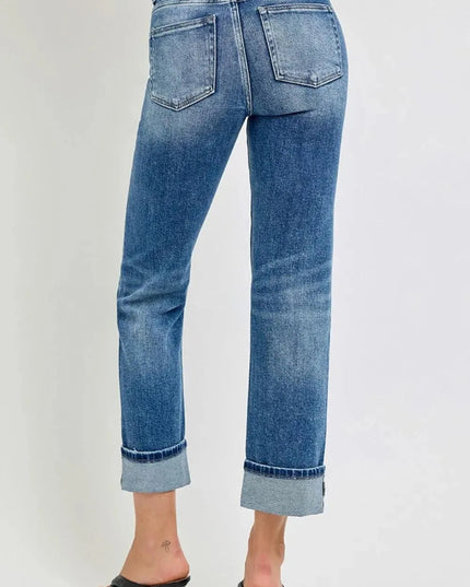 RISEN Full Size High Rise Crop Straight Roll Up Jeans - ShopEasier