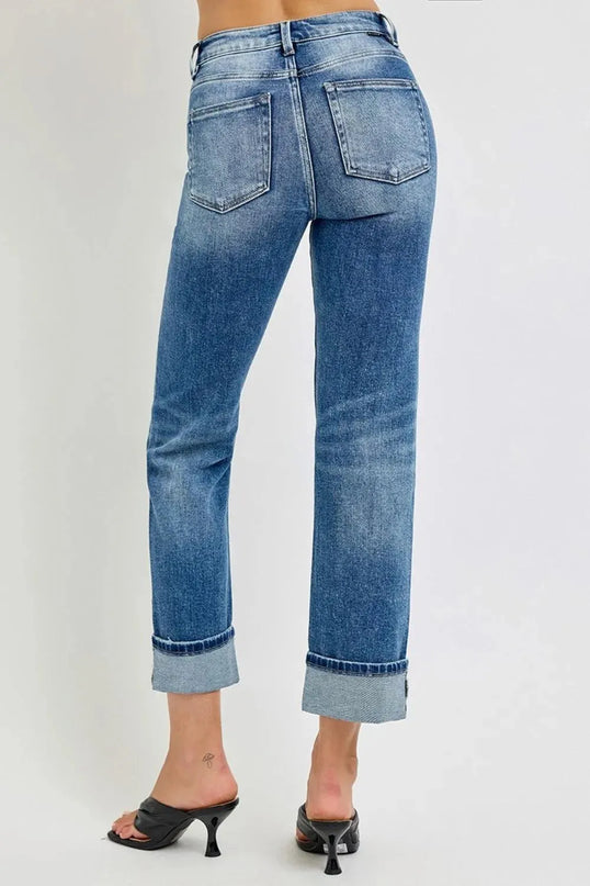 RISEN Full Size High Rise Crop Straight Roll Up Jeans - ShopEasier