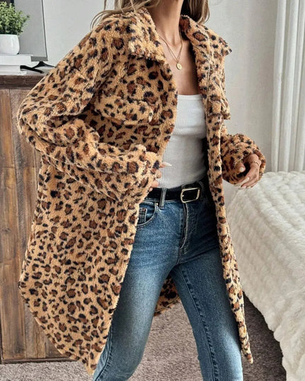 Leopard Button Up Long Sleeve Fuzzy Coat - ShopEasier