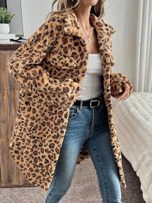 Leopard Button Up Long Sleeve Fuzzy Coat - ShopEasier