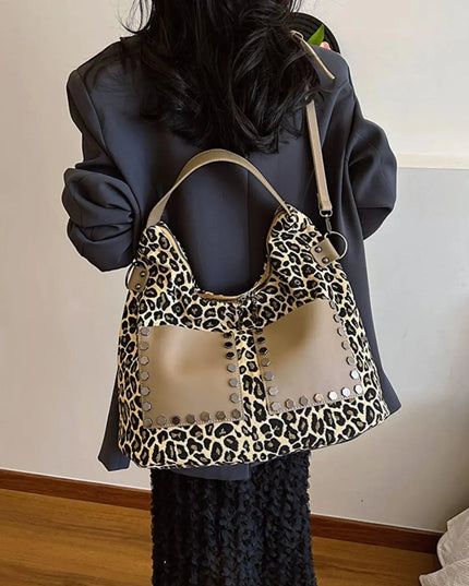 Leopard Polyester Shoulder Bag with Zippers