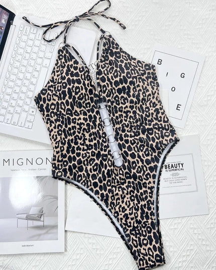 Leopard Cutout Halter Neck One-Piece Swimwear