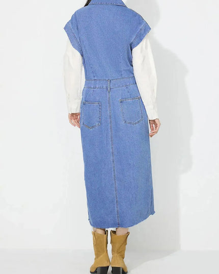 Slit Half Button Collared Neck Cap Sleeve Denim Dress - ShopEasier