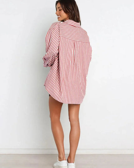 Striped Short Sleeve Button-Up Shirt and Shorts Combo Set