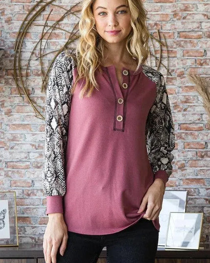 Chic Snakeskin Print Raglan Sleeve Half Button Top