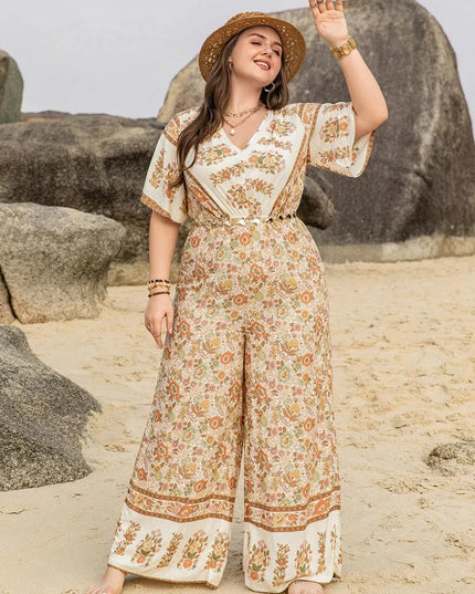 Plus Size V-Neck Flutter Sleeve Wide Leg Jumpsuit - ShopEasier