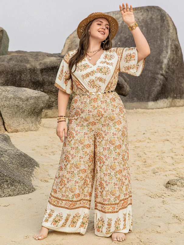 Plus Size V-Neck Flutter Sleeve Wide Leg Jumpsuit - ShopEasier