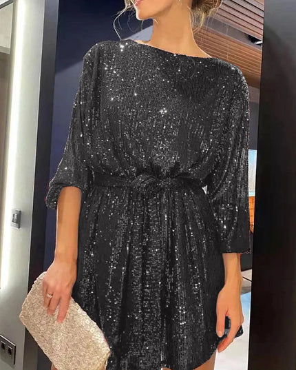 Sequin Tie Waist Long Sleeve Mini Dress