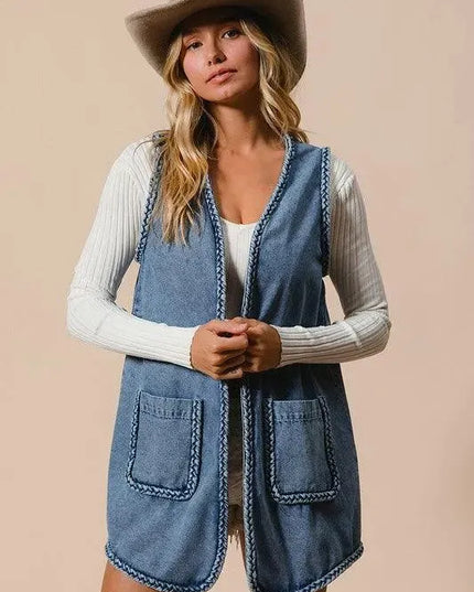 BiBi Braided Trim Open Front Denim Vest with Pockets - ShopEasier