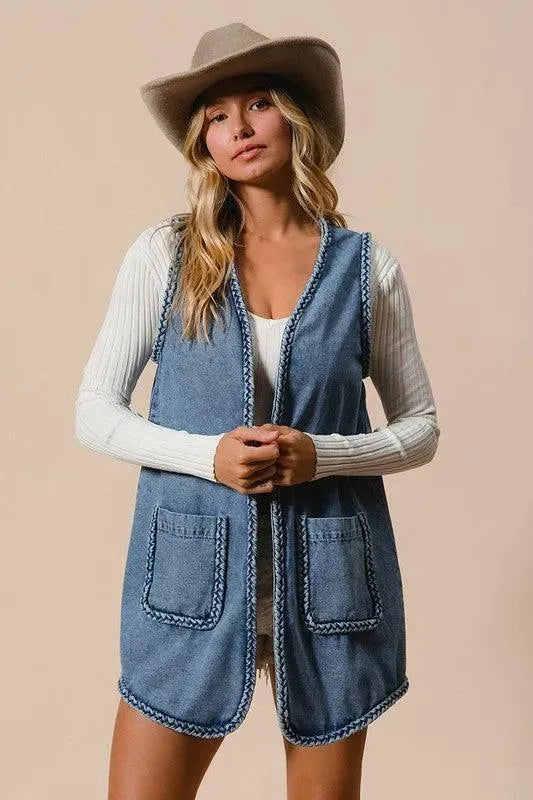 BiBi Braided Trim Open Front Denim Vest with Pockets - ShopEasier