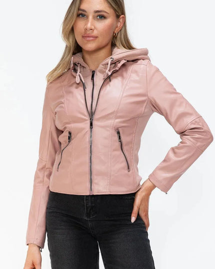 Snobbish Faux Leather Zip Up Drawstring Hooded Jacket - ShopEasier