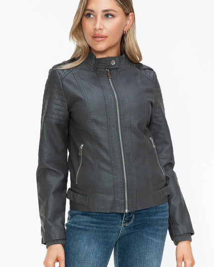 Snobbish PU Leather Biker Jacket with Side Zip Pockets - ShopEasier